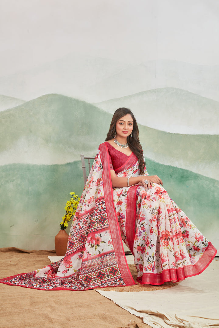 Breathable Linen Saree In Rani Zari Border And Printed Pattern