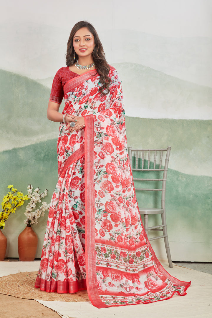 Breathable Linen Saree In Rani Zari Border And Printed Pattern