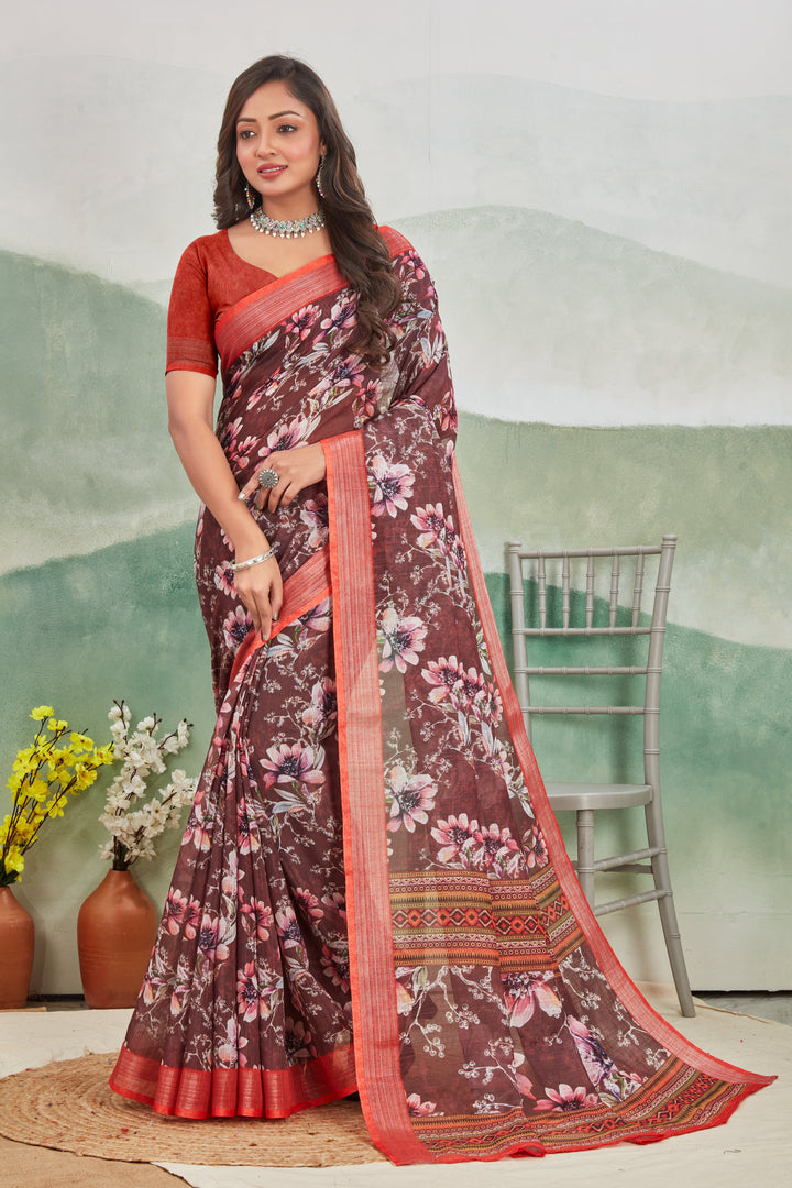 Classy Maroon Linen Saree For Daily Wear Zari Border Elegance