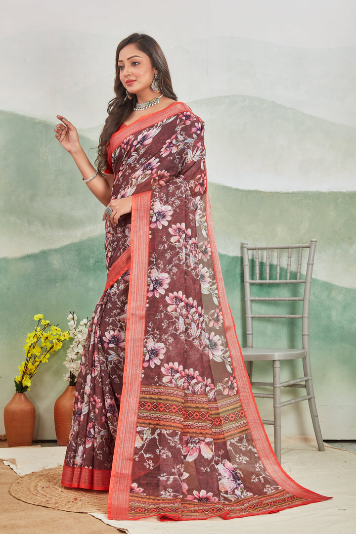 Classy Maroon Linen Saree For Daily Wear Zari Border Elegance