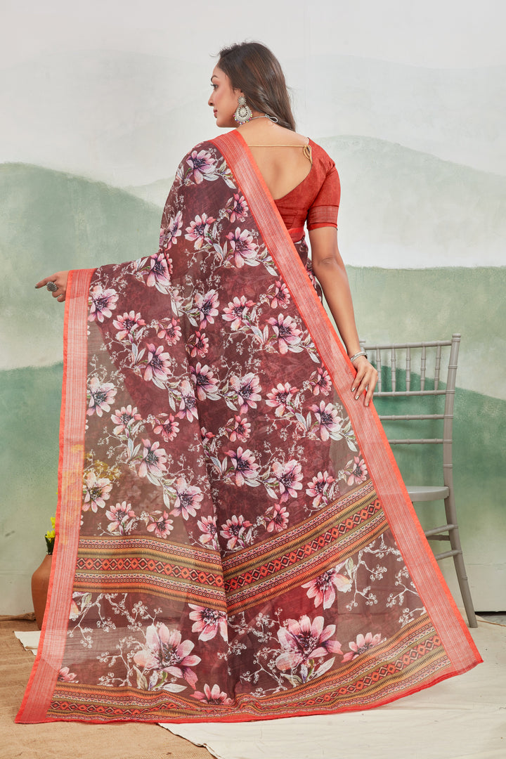 Classy Maroon Linen Saree For Daily Wear Zari Border Elegance