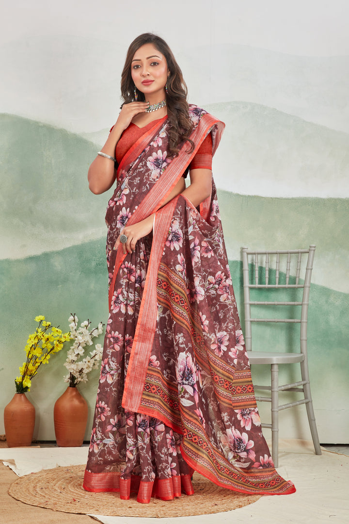 Classy Maroon Linen Saree For Daily Wear Zari Border Elegance