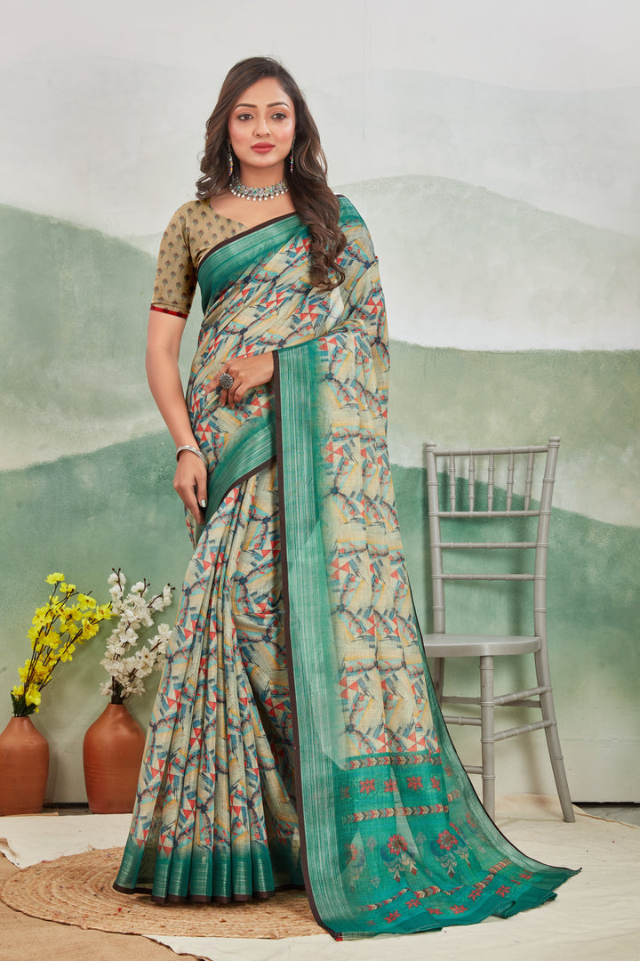 Office Wear Green Linen Saree Printed Body And Traditional Zari Trim