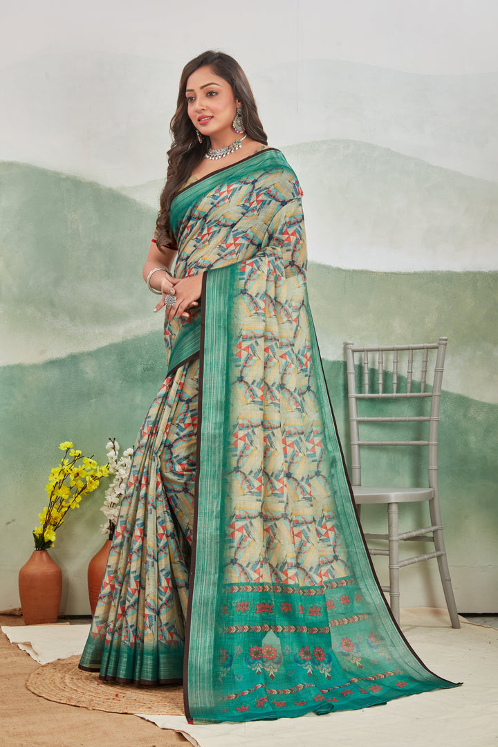 Office Wear Green Linen Saree Printed Body And Traditional Zari Trim