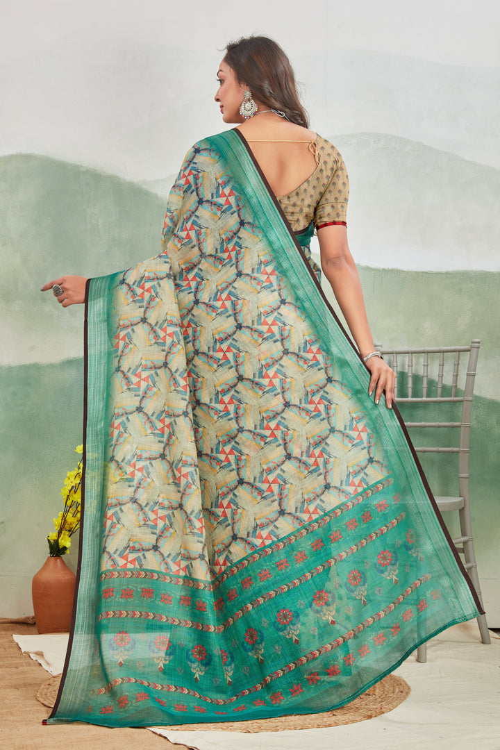 Office Wear Green Linen Saree Printed Body And Traditional Zari Trim