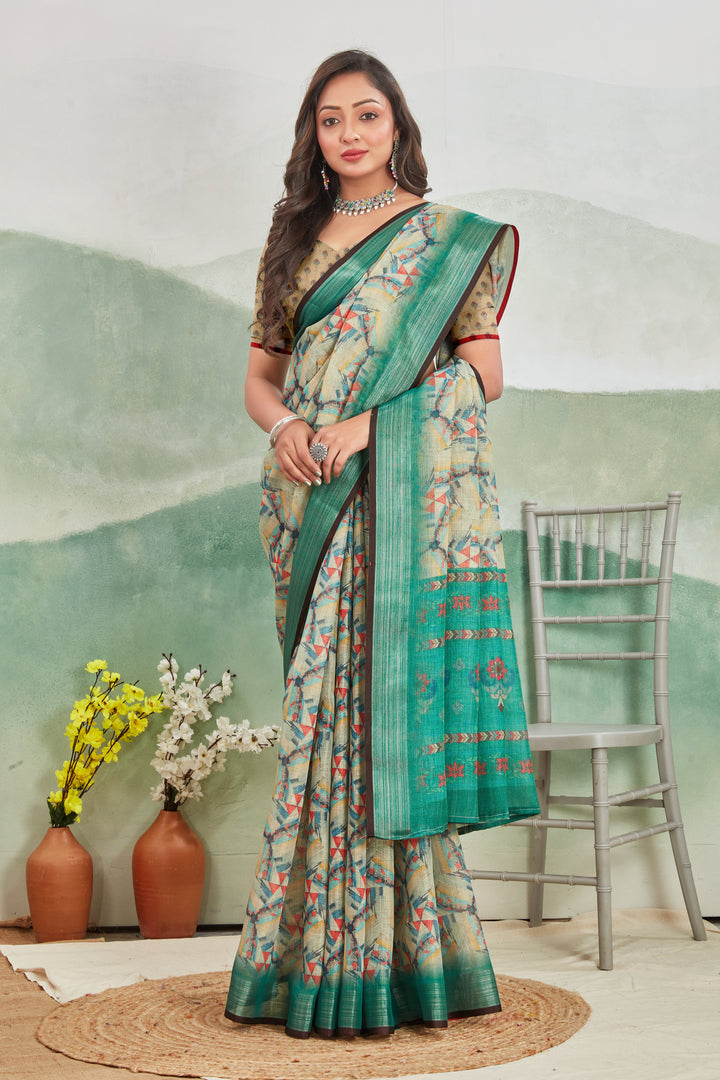 Office Wear Green Linen Saree Printed Body And Traditional Zari Trim
