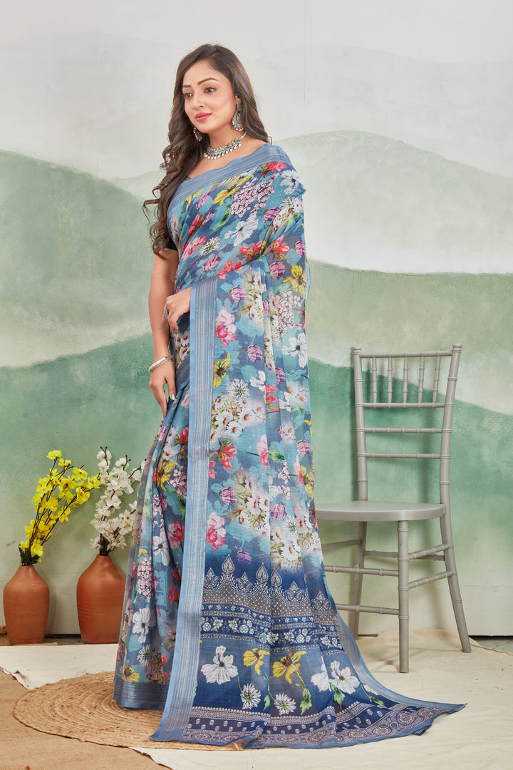 Handloom Inspired Rama Printed Linen Saree With Zari Detailing