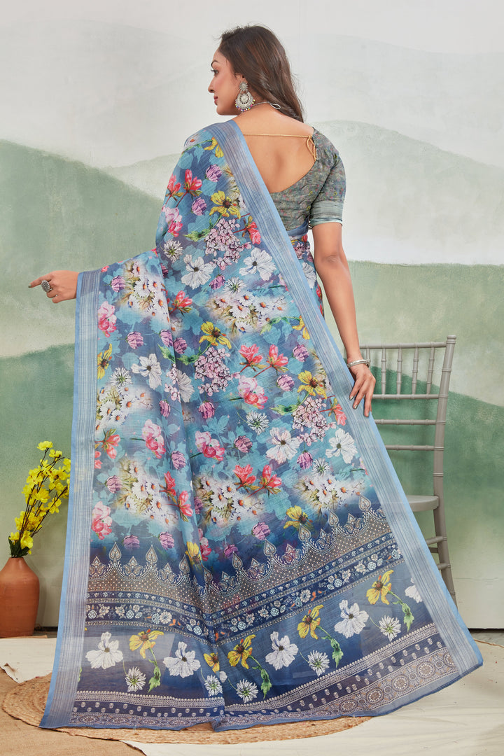 Handloom Inspired Rama Printed Linen Saree With Zari Detailing