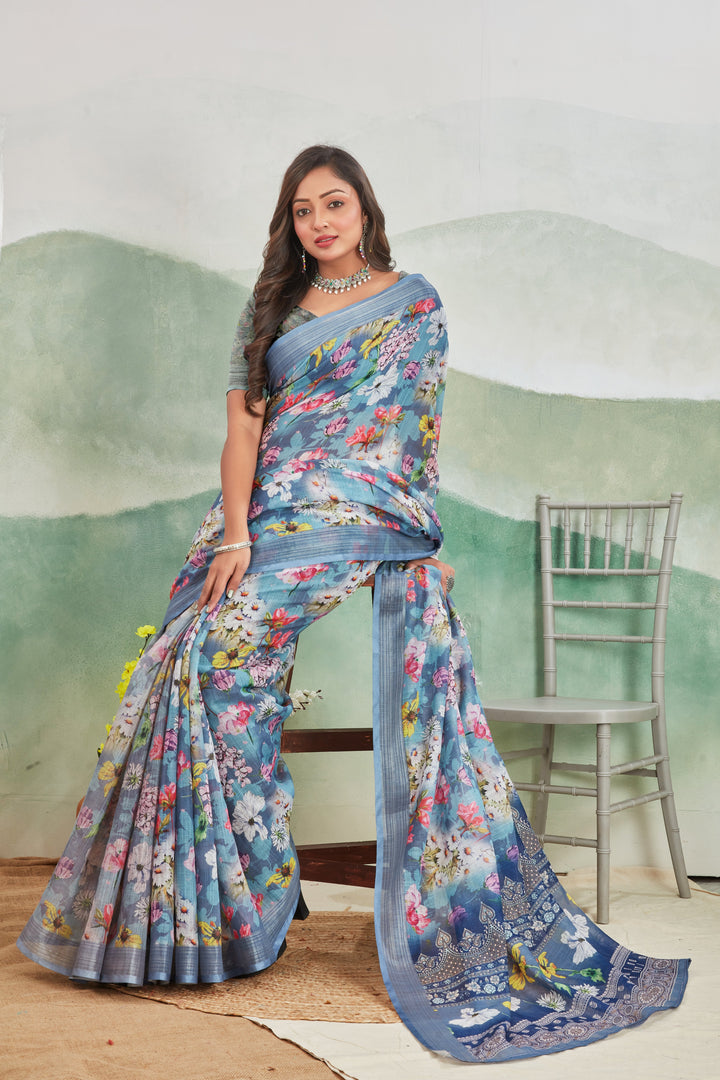 Handloom Inspired Rama Printed Linen Saree With Zari Detailing