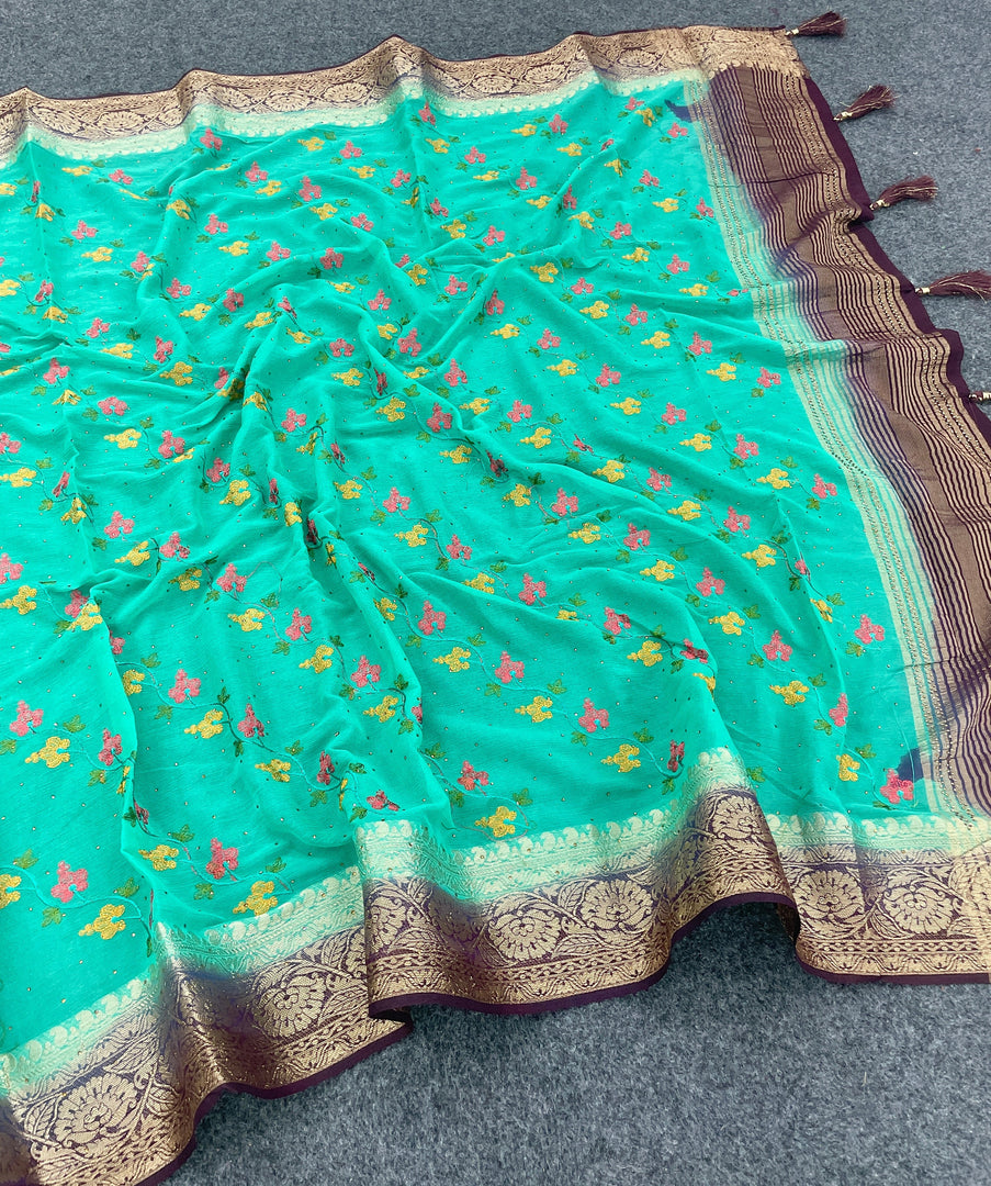 Alluring Galaxy Soft Silk Fancy Work Blue Saree