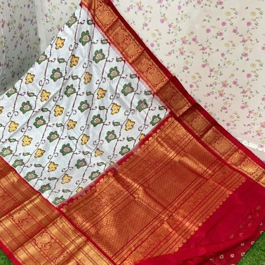 Lovely Light Cyan Handloom Ikkat Print Silk Saree With Royal Borders