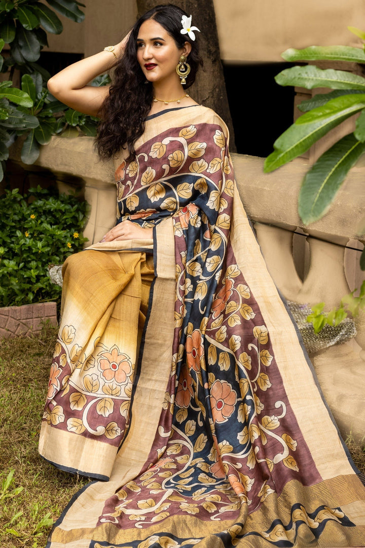 Tussar Silk Saree With Traditional Kalamkari Prints Handloom Crafted With Blouse