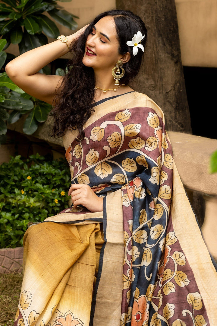 Tussar Silk Saree With Traditional Kalamkari Prints Handloom Crafted With Blouse