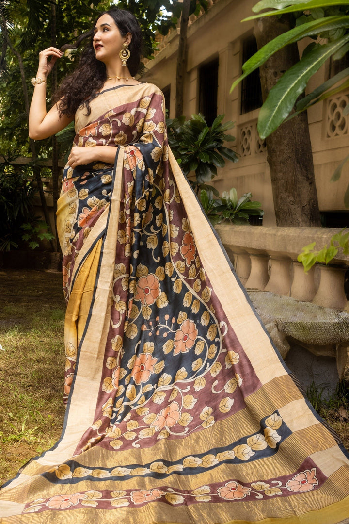 Tussar Silk Saree With Traditional Kalamkari Prints Handloom Crafted With Blouse