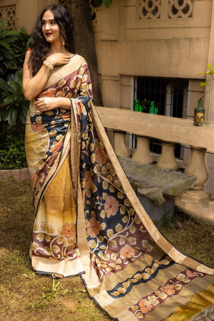 Tussar Silk Saree With Traditional Kalamkari Prints Handloom Crafted With Blouse