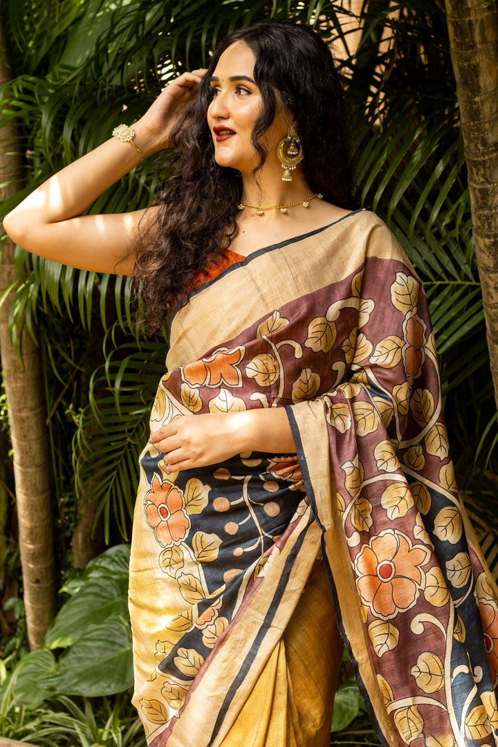 Tussar Silk Saree With Traditional Kalamkari Prints Handloom Crafted With Blouse