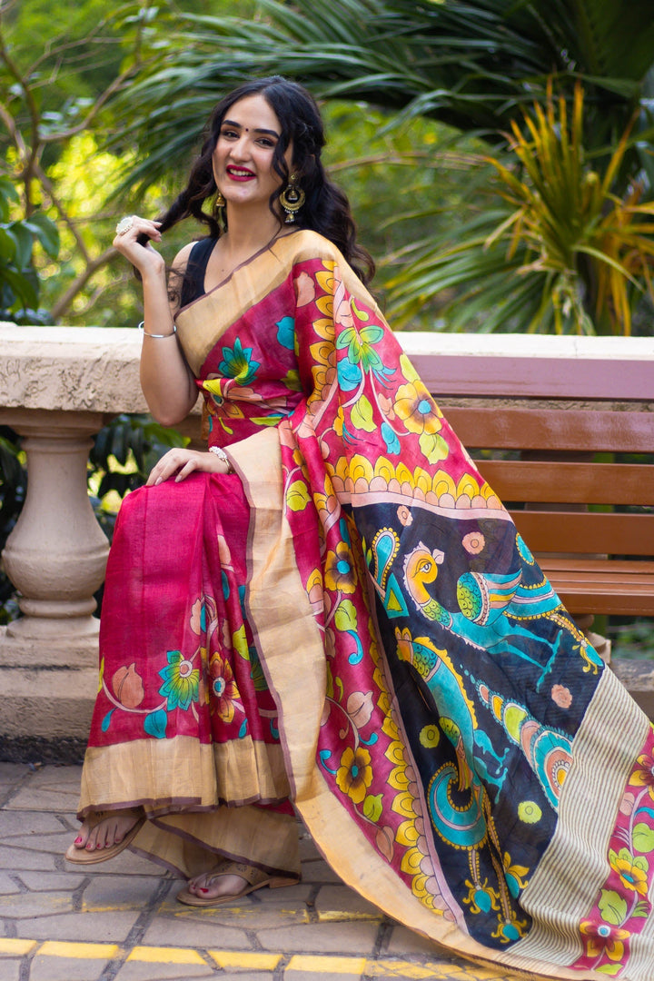 Kalamkari Printed Tussar Silk Saree Ethnic Handloom Style With Blouse Material