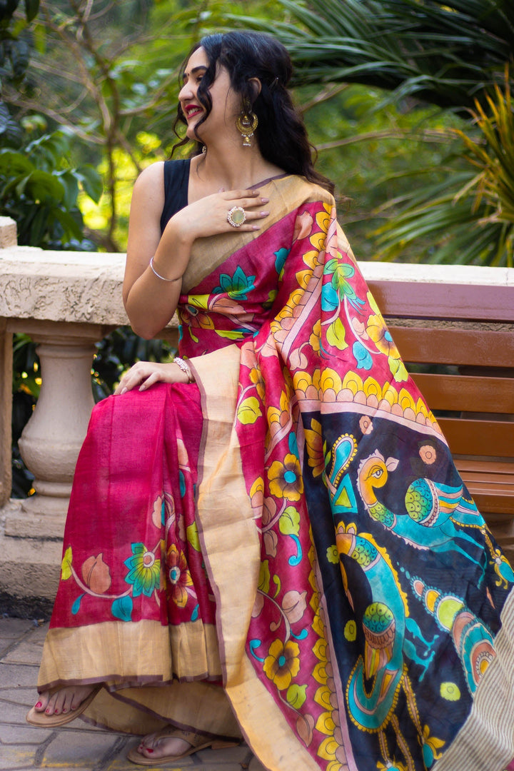 Kalamkari Printed Tussar Silk Saree Ethnic Handloom Style With Blouse Material
