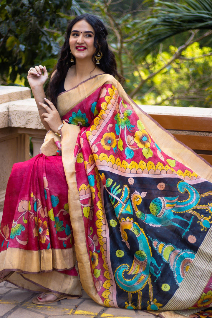 Kalamkari Printed Tussar Silk Saree Ethnic Handloom Style With Blouse Material