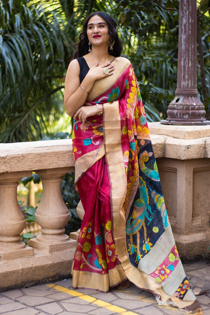 Kalamkari Printed Tussar Silk Saree Ethnic Handloom Style With Blouse Material