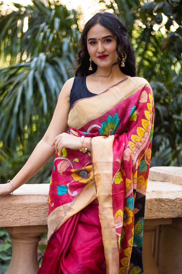 Kalamkari Printed Tussar Silk Saree Ethnic Handloom Style With Blouse Material