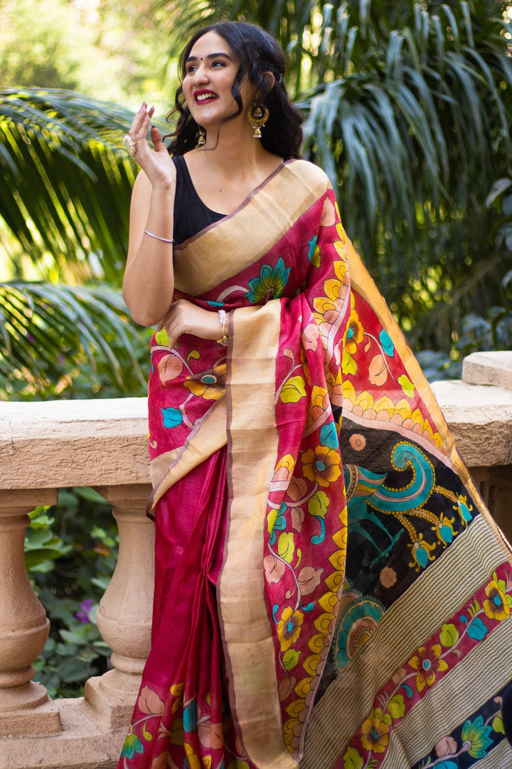 Kalamkari Printed Tussar Silk Saree Ethnic Handloom Style With Blouse Material