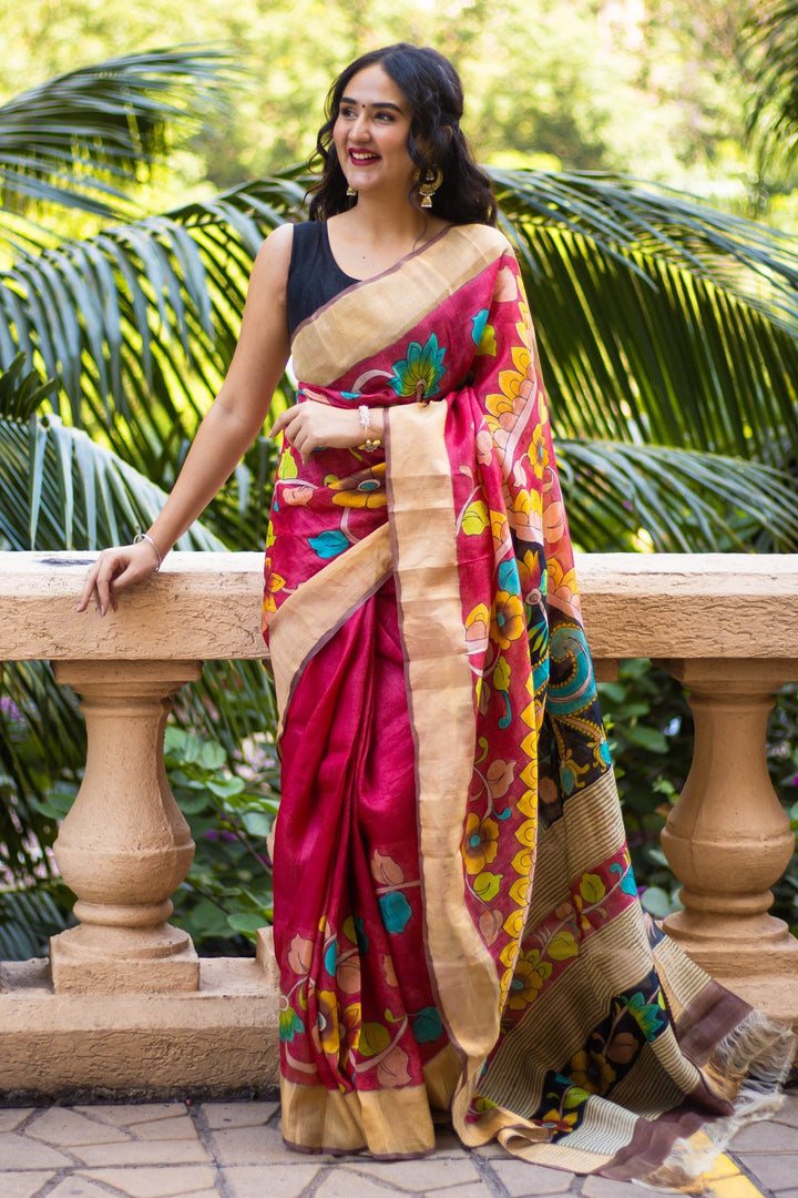 Kalamkari Printed Tussar Silk Saree Ethnic Handloom Style With Blouse Material