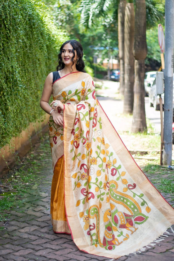 Kalamkari Tussar Silk Handloom Saree Includes Blouse Material
