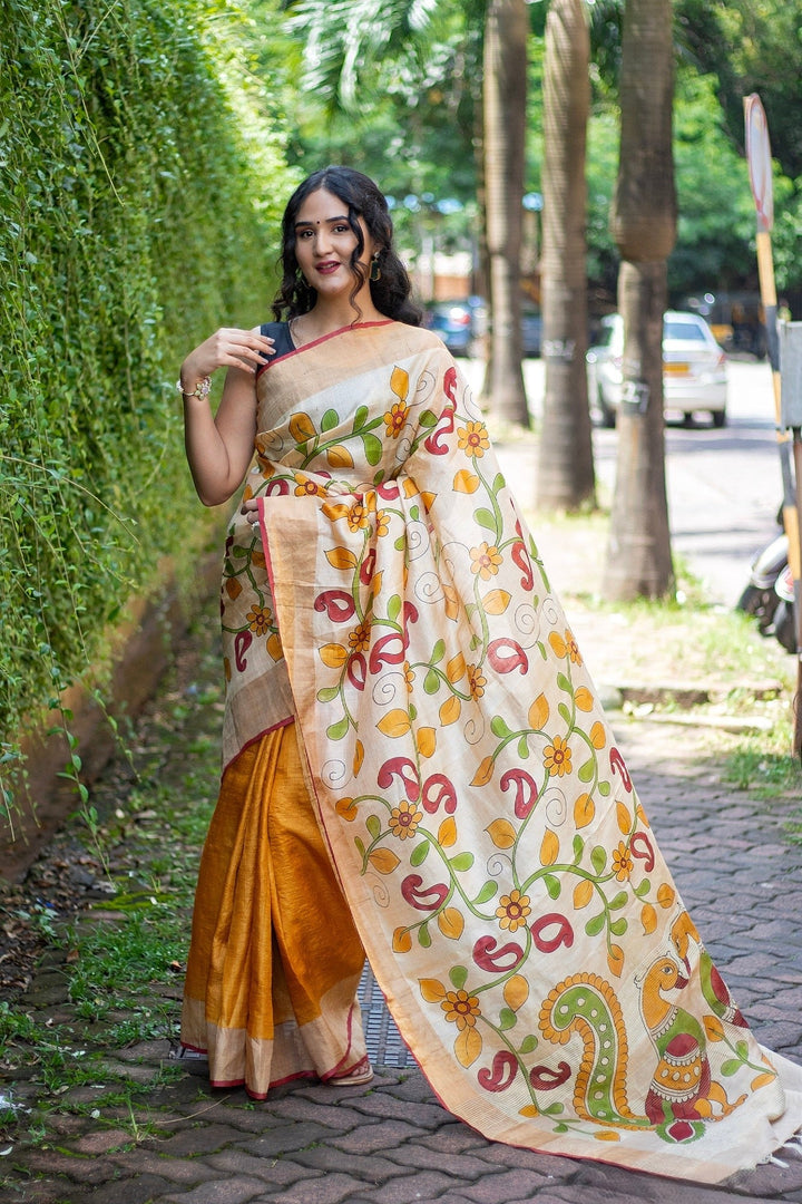 Kalamkari Tussar Silk Handloom Saree Includes Blouse Material