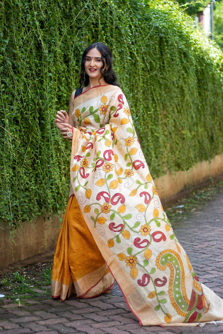 Kalamkari Tussar Silk Handloom Saree Includes Blouse Material