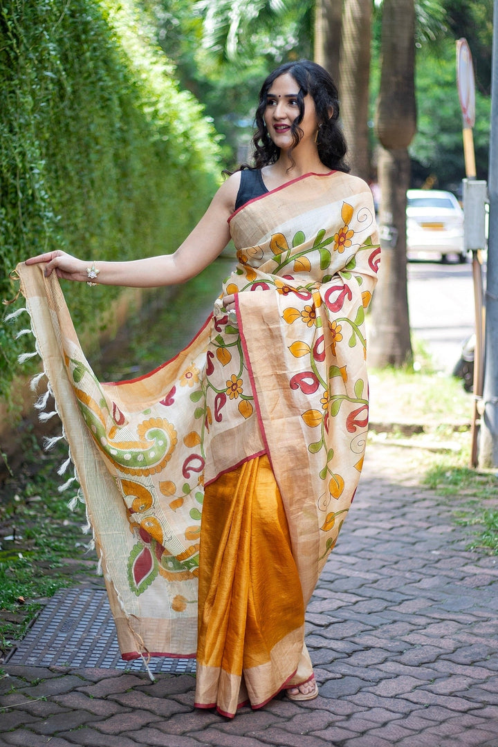 Kalamkari Tussar Silk Handloom Saree Includes Blouse Material