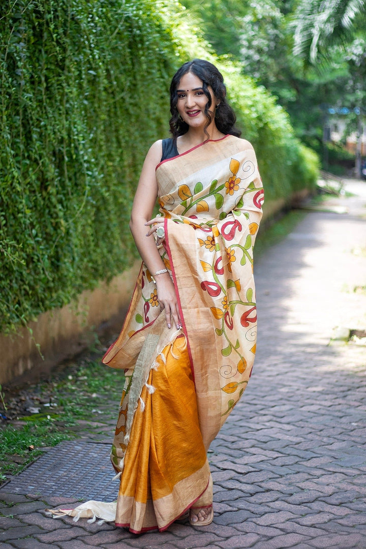 Kalamkari Tussar Silk Handloom Saree Includes Blouse Material