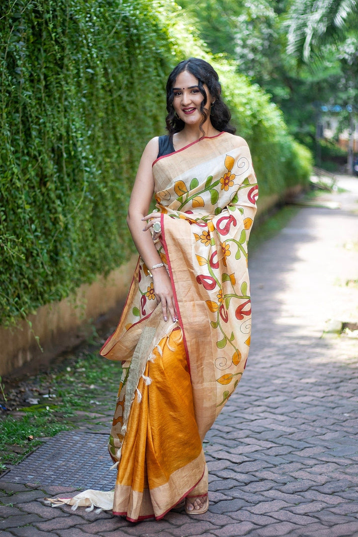 Kalamkari Tussar Silk Handloom Saree Includes Blouse Material