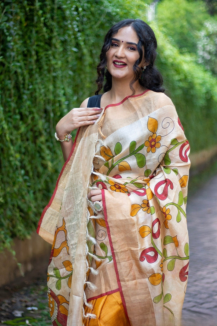 Kalamkari Tussar Silk Handloom Saree Includes Blouse Material