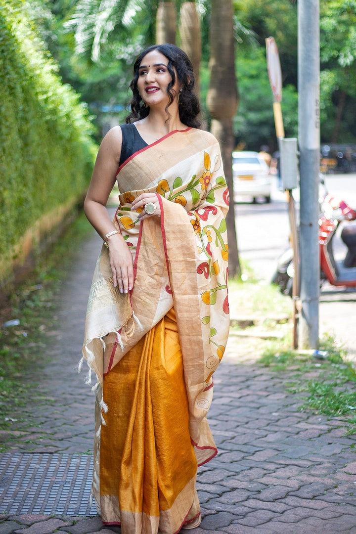 Kalamkari Tussar Silk Handloom Saree Includes Blouse Material