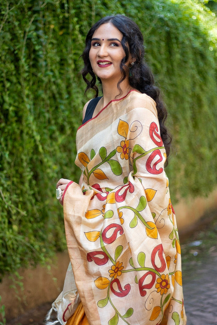 Kalamkari Tussar Silk Handloom Saree Includes Blouse Material