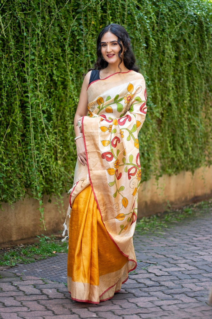 Kalamkari Tussar Silk Handloom Saree Includes Blouse Material