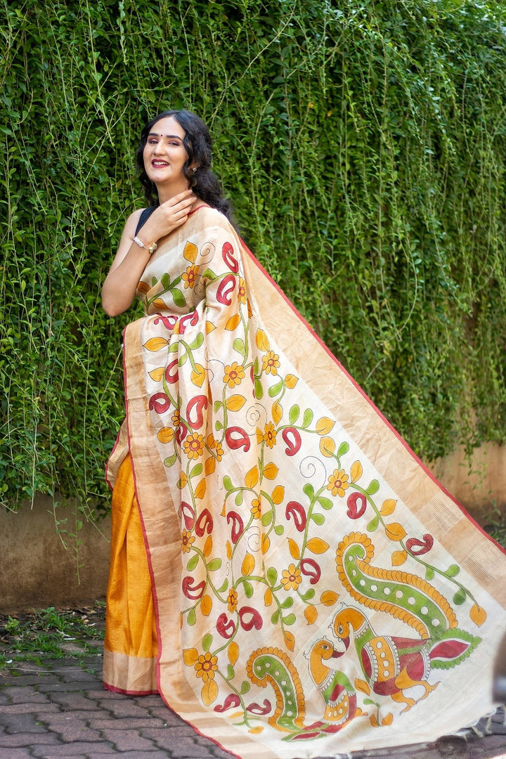 Kalamkari Tussar Silk Handloom Saree Includes Blouse Material