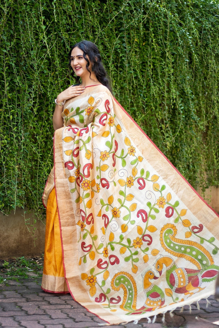Kalamkari Tussar Silk Handloom Saree Includes Blouse Material
