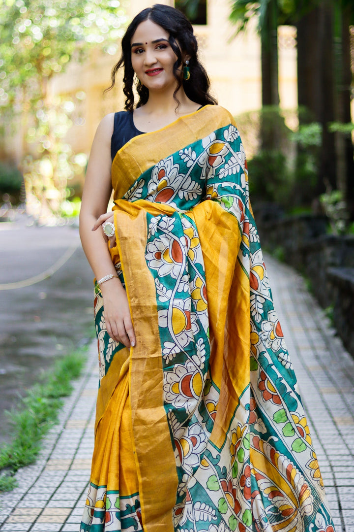 Handloom Elegance Tussar Silk Saree With Kalamkari Print And Blouse Piece