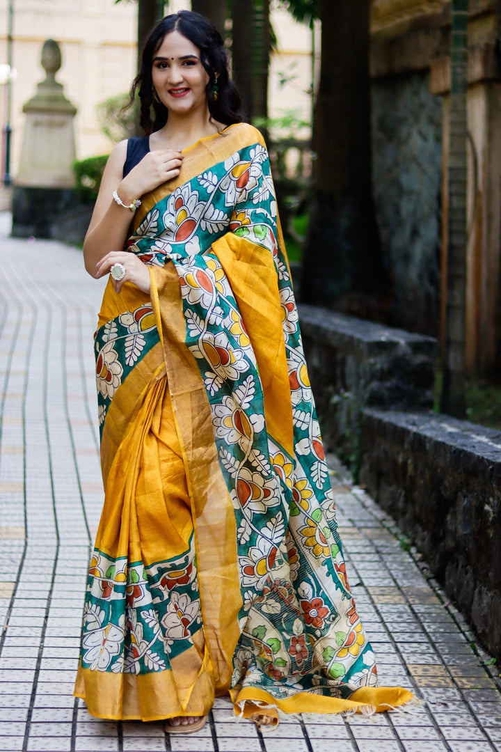 Handloom Elegance Tussar Silk Saree With Kalamkari Print And Blouse Piece