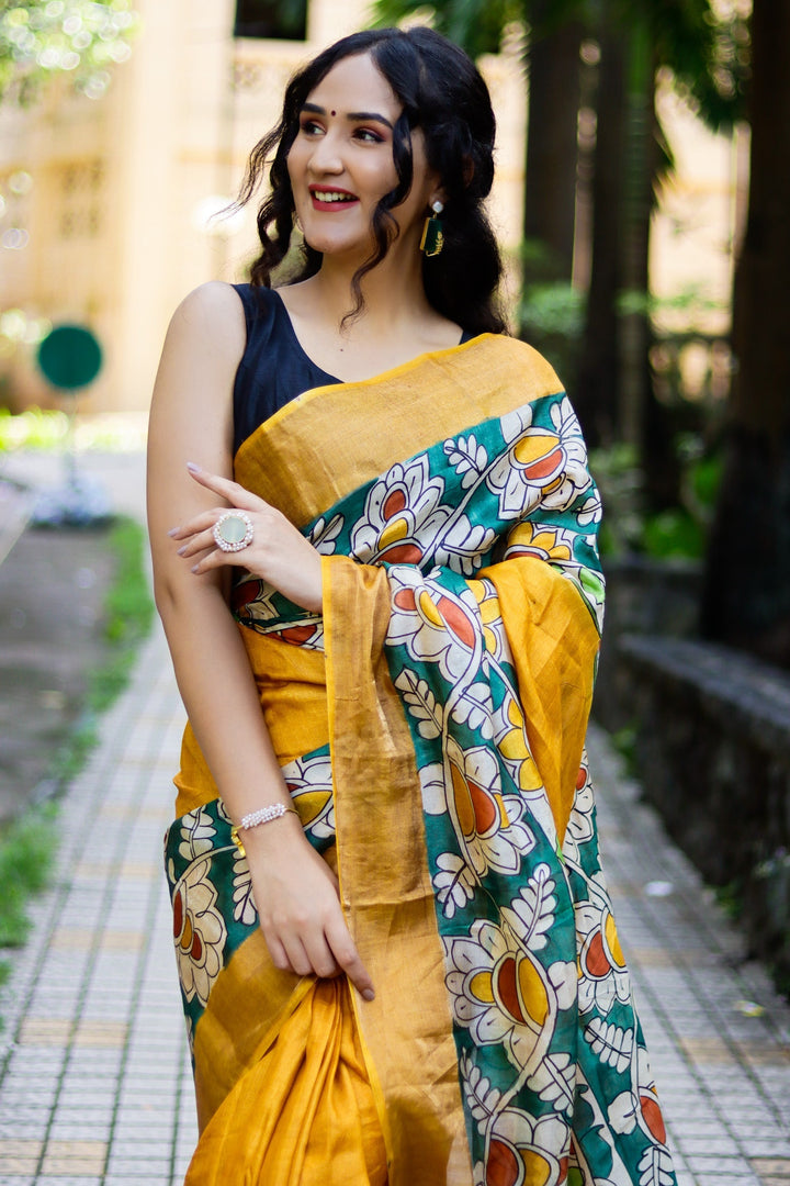 Handloom Elegance Tussar Silk Saree With Kalamkari Print And Blouse Piece