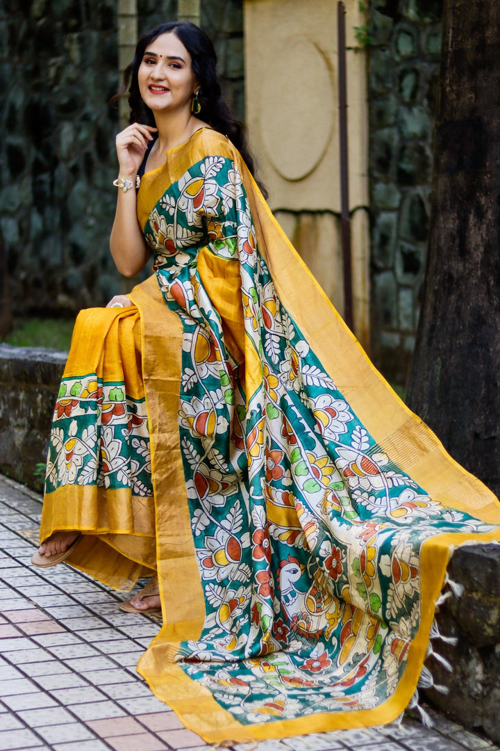 Handloom Elegance Tussar Silk Saree With Kalamkari Print And Blouse Piece