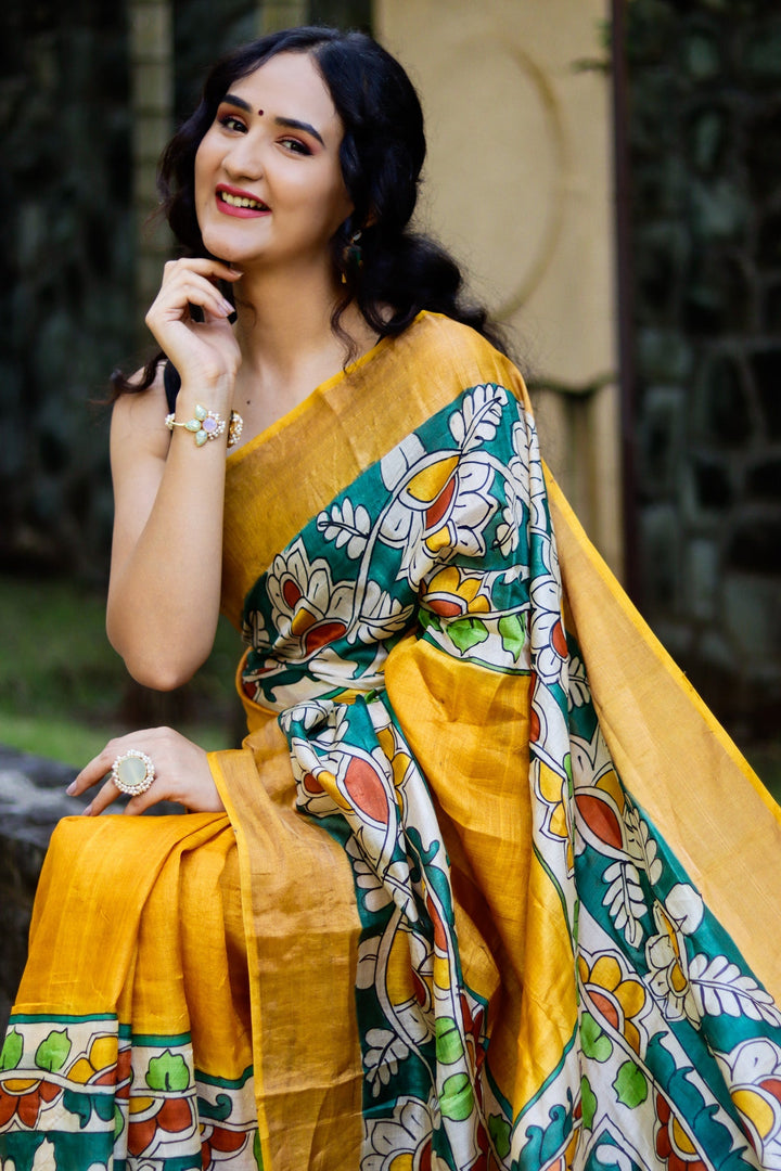 Handloom Elegance Tussar Silk Saree With Kalamkari Print And Blouse Piece