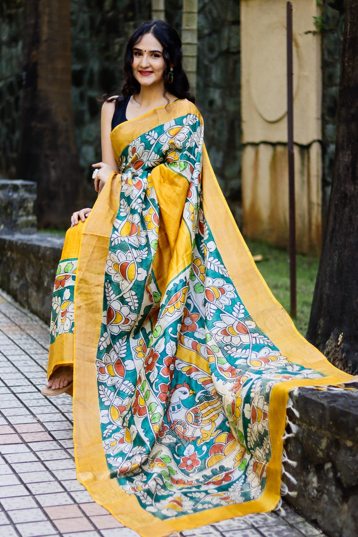 Handloom Elegance Tussar Silk Saree With Kalamkari Print And Blouse Piece