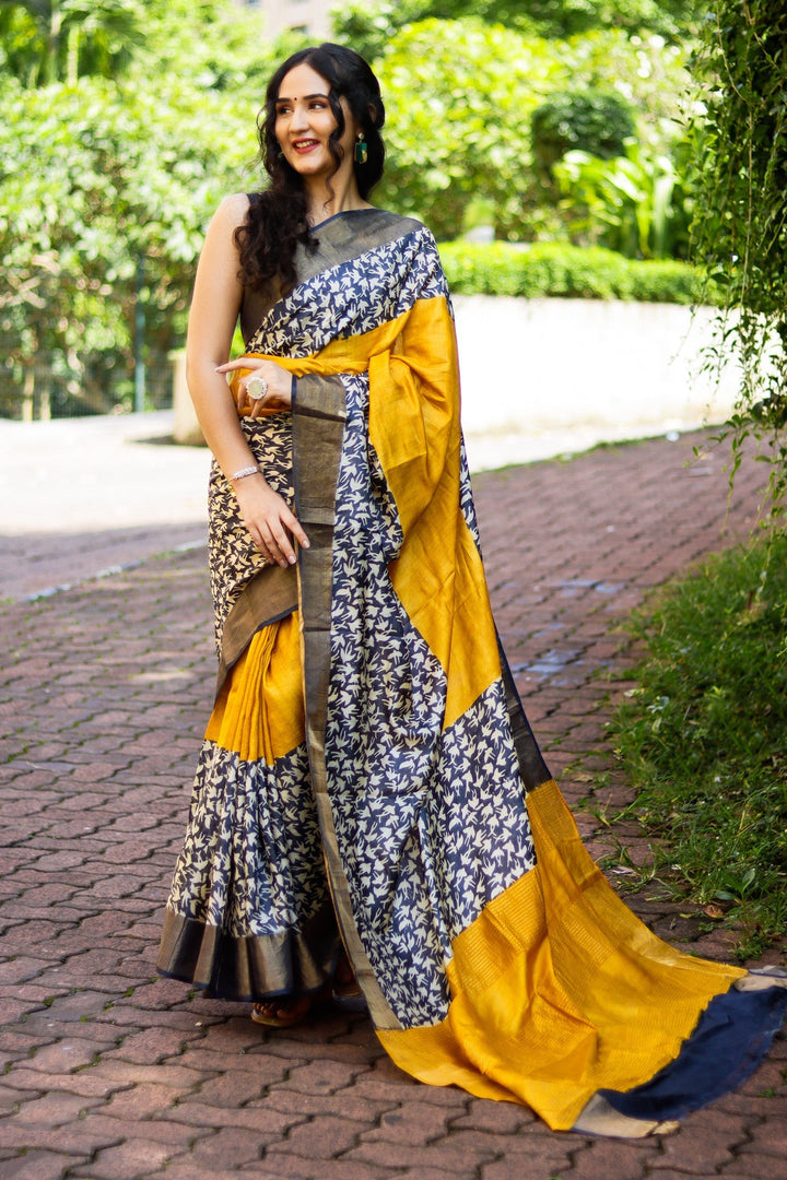 Printed Tussar Silk Handloom Saree Traditional Kalamkari Style With Blouse