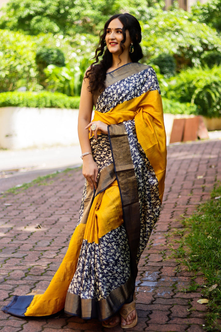 Printed Tussar Silk Handloom Saree Traditional Kalamkari Style With Blouse