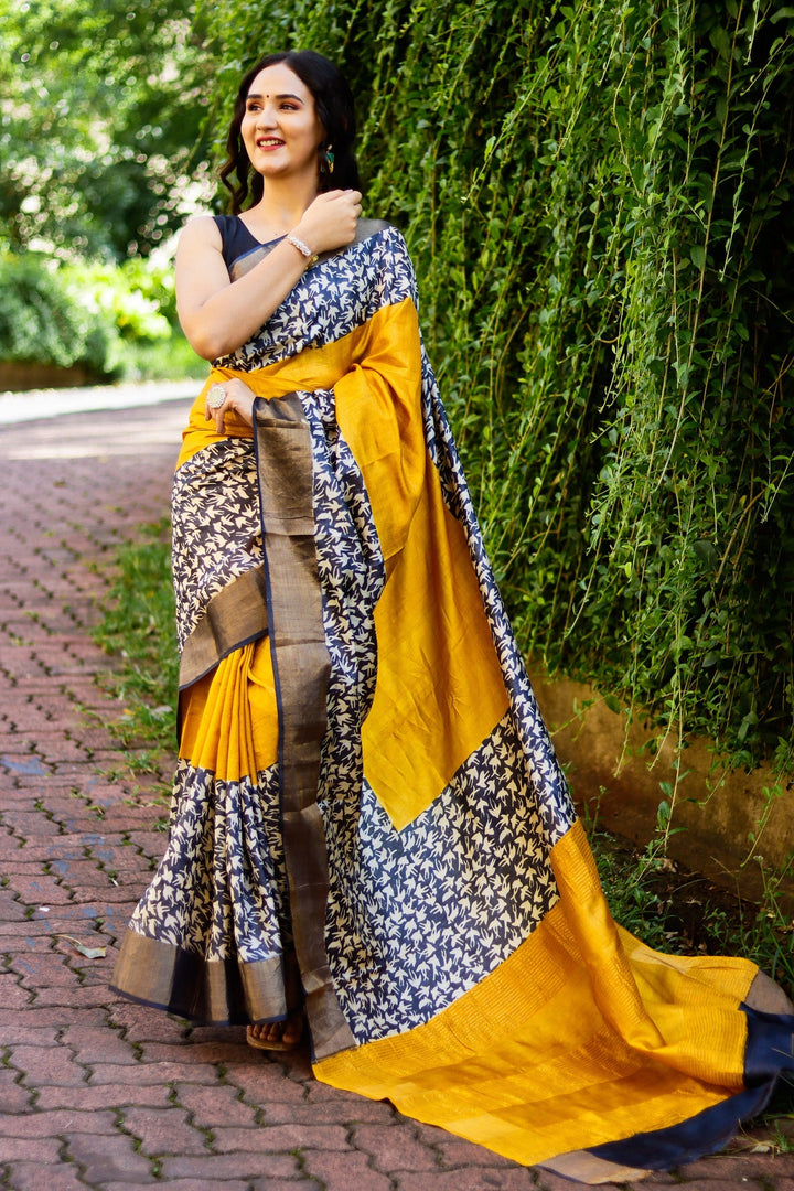 Printed Tussar Silk Handloom Saree Traditional Kalamkari Style With Blouse