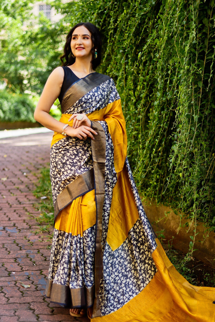 Printed Tussar Silk Handloom Saree Traditional Kalamkari Style With Blouse