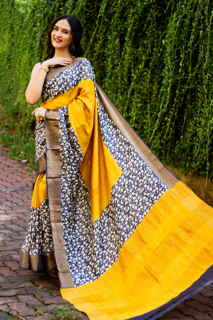 Printed Tussar Silk Handloom Saree Traditional Kalamkari Style With Blouse
